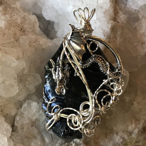 Stone Wrap Dragon Pendant - Raw Obsidian